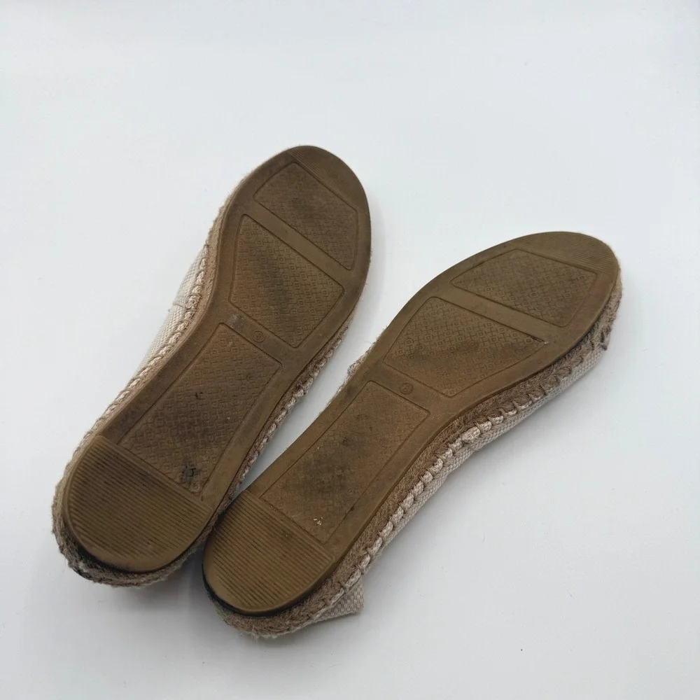Tory Burch Espadrilles Women 8 Beige Pink Leather Logo Toe Cap Flat Slip On Shoe